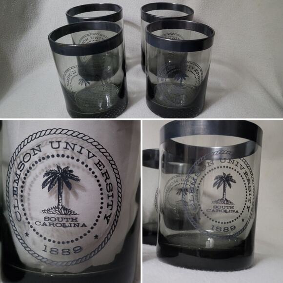 Lot 4 Clemson Tigers Clear Glass Liquor Cups Glasses Silver Rim Gray Smokey - Picture 1 of 8